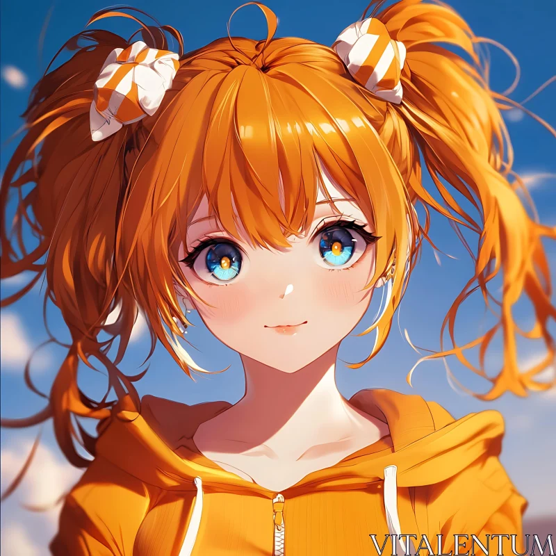 Orange-haired Anime Character with Blue Eyes in Hoodie AI Image