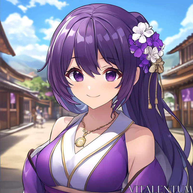 Anime Girl in Traditional Clothing with Floral Hair Accessory AI Image