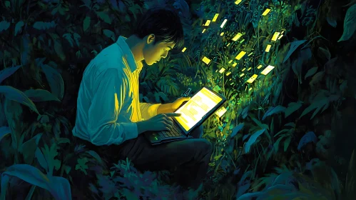 Person with Laptop in Jungle