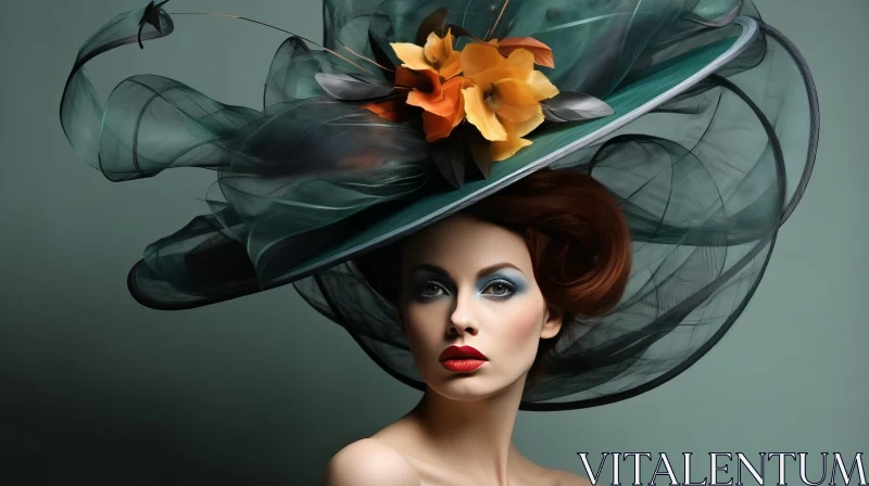 Captivating Woman in Green Fur Hat with Flowers and Blue Makeup AI Image