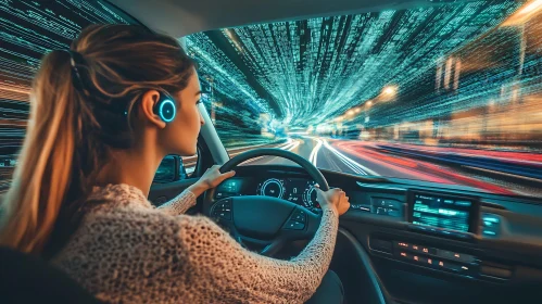 Woman Driving Car in Tunnel of Light