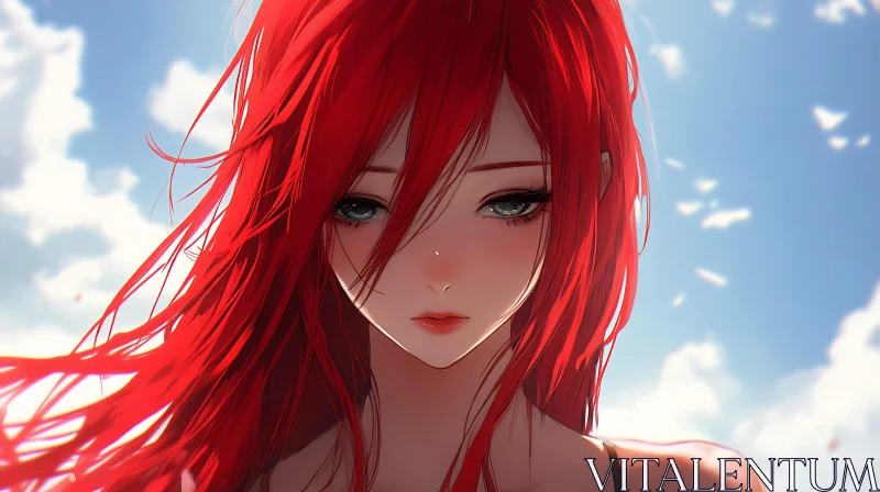 Ethereal Anime Portrait with Red Hair and Blue Sky AI Image