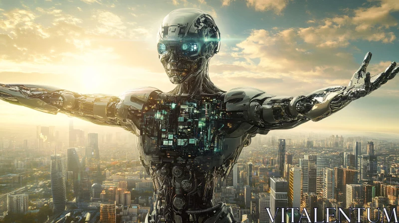 Advanced Robot at Dawn Over Metropolis AI Image