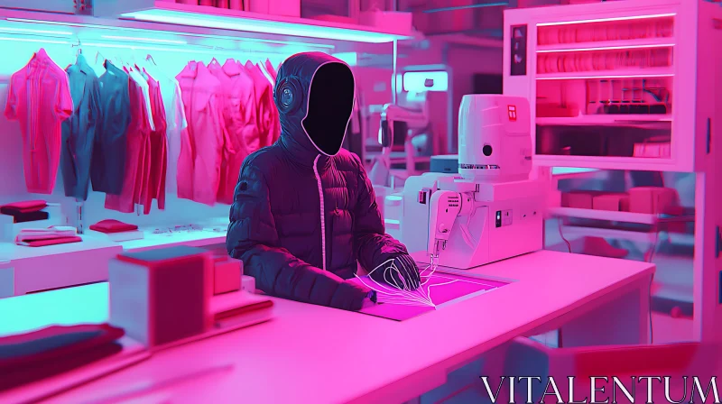 Hooded Figure at Sewing Machine in Neon Light AI Image