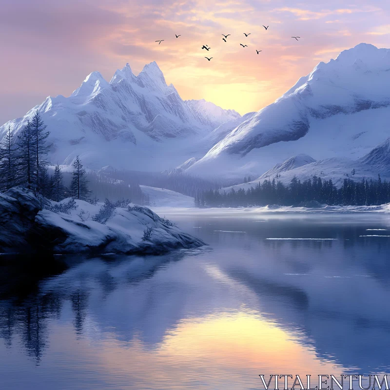 Snowy Mountain Lake at Sunset AI Image