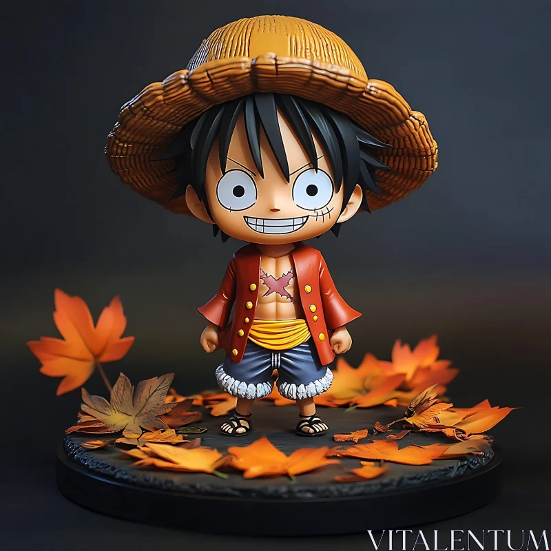 Cute Anime Figurine with Straw Hat and Fall Leaves AI Image