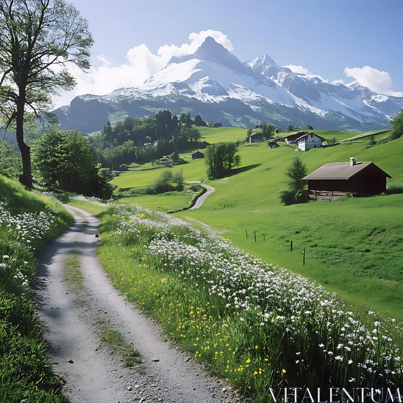 Scenic Mountain Landscape with Flower Path AI Image