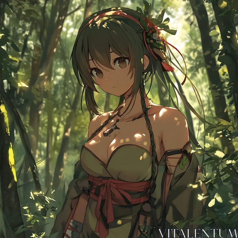 AI ART Forest Anime Girl with Green Hair and Leaf Adornments