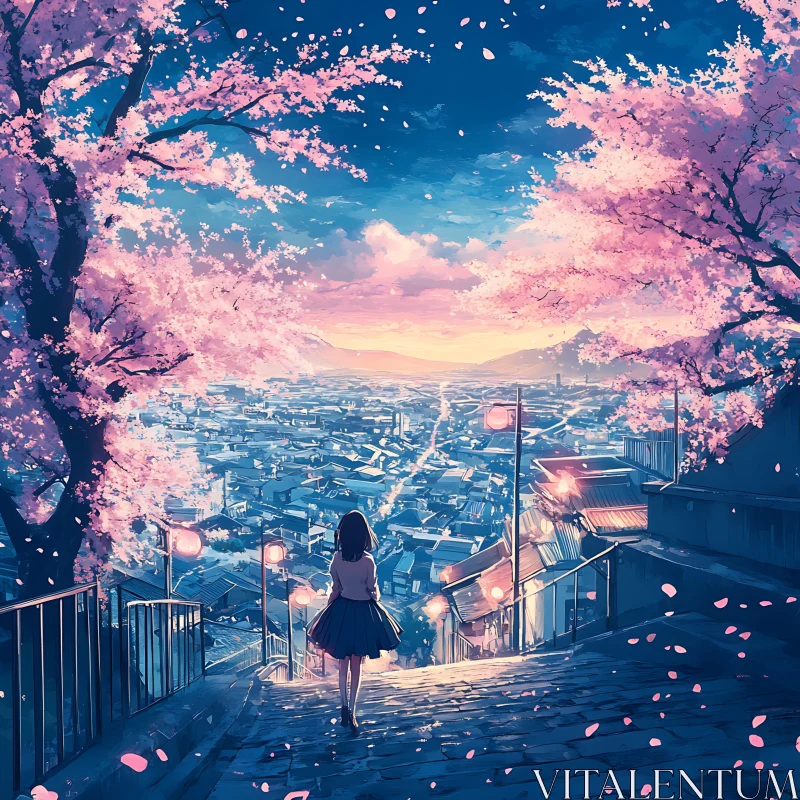 Anime Cityscape with Blossoming Cherry Trees AI Image