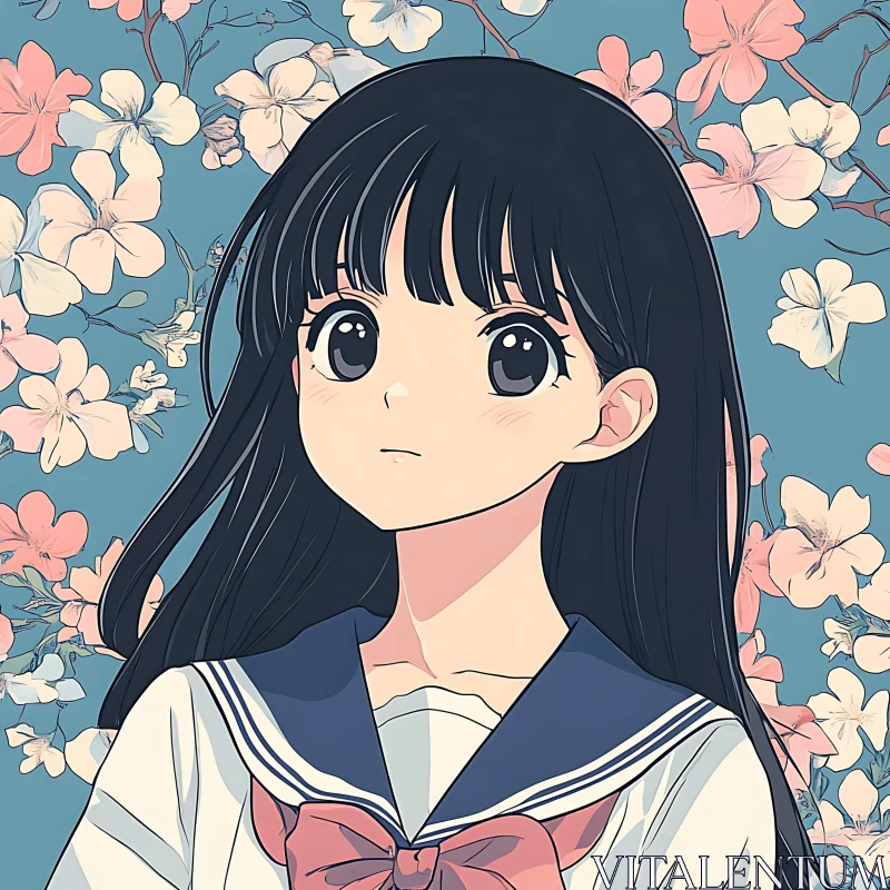 Charming Anime Girl Amidst Blooming Flowers AI Image