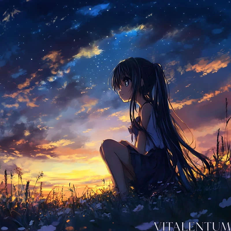 Tranquil Anime Evening with Starfilled Sky AI Image