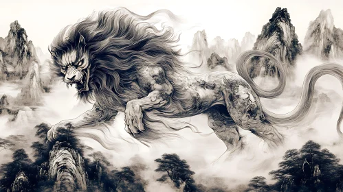 Fantastic Lion in a Dreamy Mountainscape