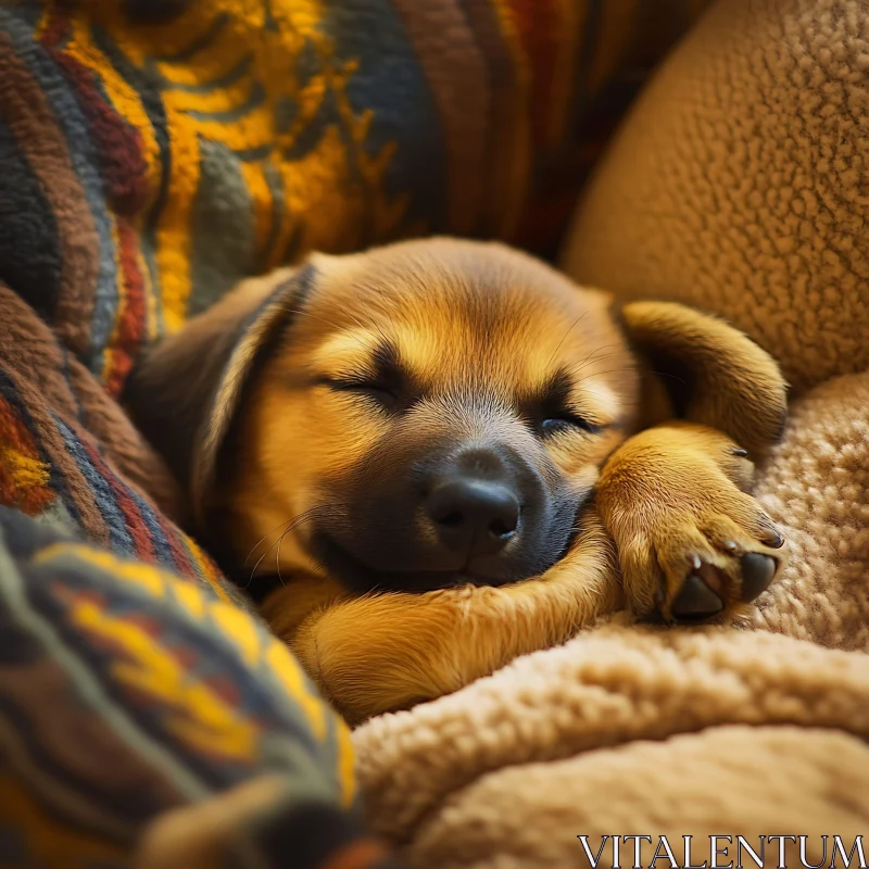 Cute Puppy Resting Snugly in Warm Blankets AI Image