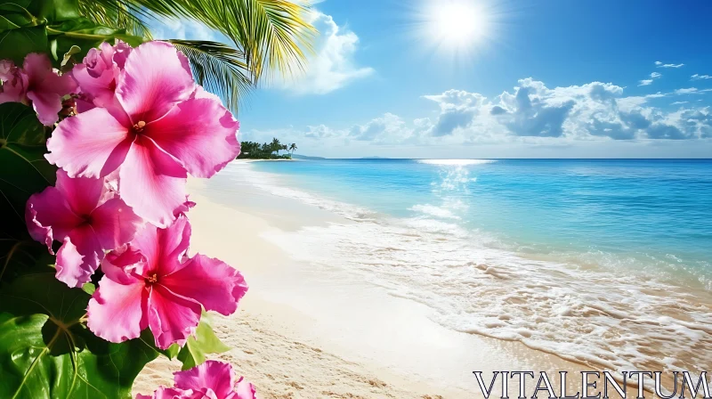 Hibiscus Blooms on a Sunny Beach AI Image