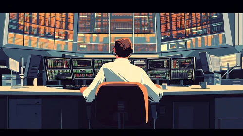 Financial Analyst Surrounded by Data Screens