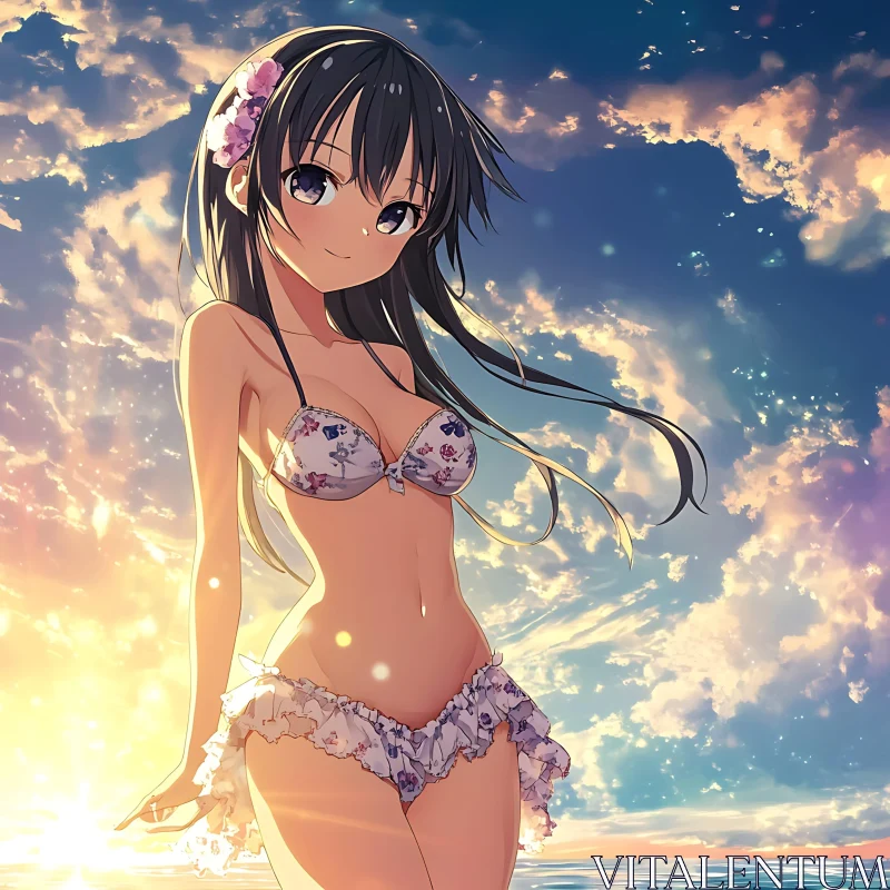 Anime Girl in Floral Bikini by the Beach AI Image