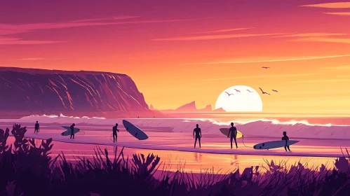 Beach Surfers at Sunset