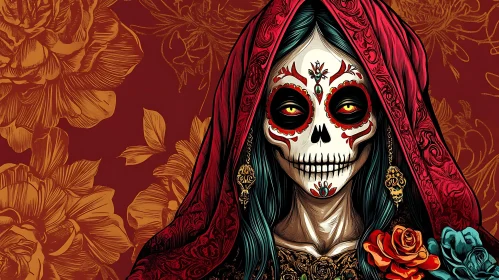 Calavera with Red Shawl and Floral Backdrop