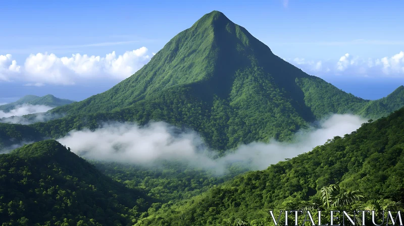 Mountain Peak in Verdant Embrace AI Image