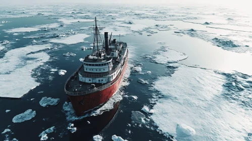 Polar Exploration Ship Among Icebergs