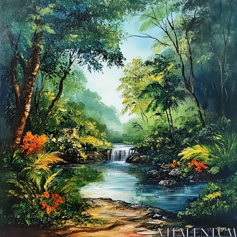 AI ART Tranquil Forest Stream with Orange Flowers