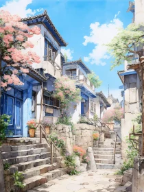 Picturesque Street Lined with Stone Steps and Blossoms