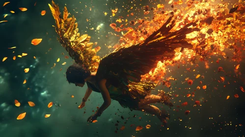 Winged Figure Amidst Embers and Leaves