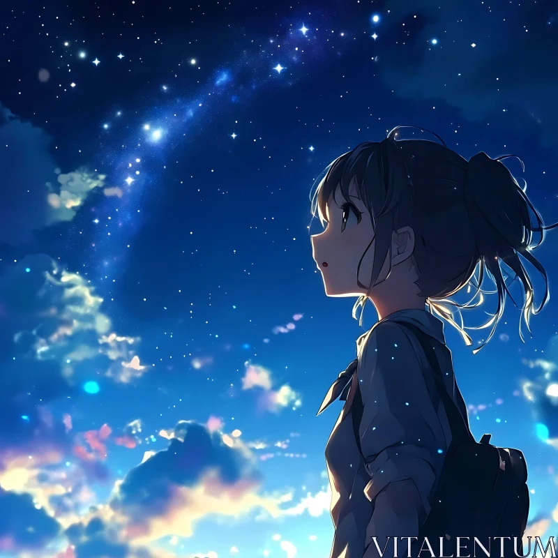 Contemplative Anime Girl Under a Star-Filled Sky AI Image