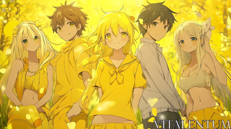 Group of Anime Characters in Bright Yellow Setting AI Image