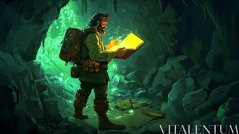 Man Reads Book in Green Cave AI Image