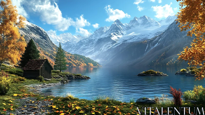 Picturesque Lake View with Cabin AI Image