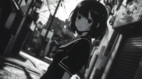 Anime Girl in Monochrome Cityscape