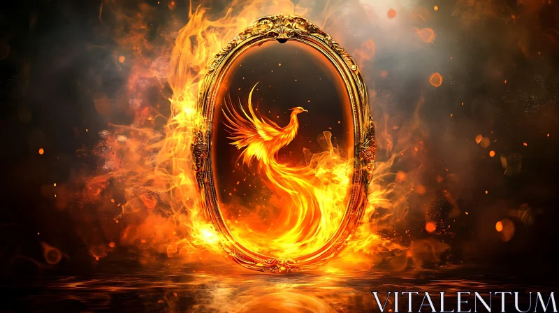 AI ART Golden Mirror with Mythical Firebird