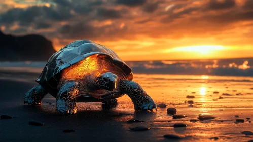 Glowing Shell Turtle on Beach at Dusk