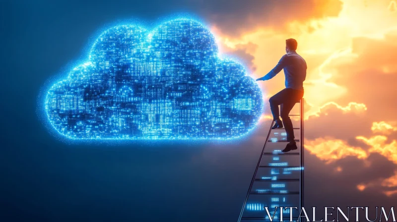 AI ART Man Climbing to Cloud Technology Concept