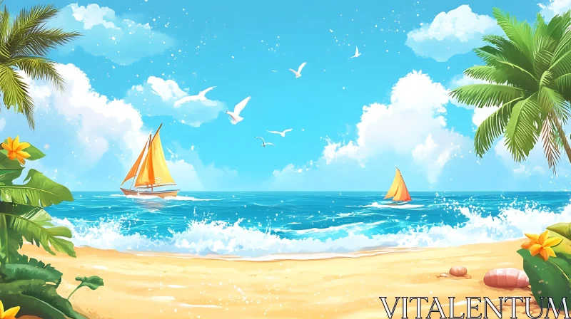 AI ART Seaside Sailboats and Palm Trees