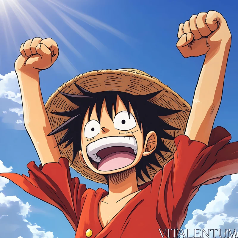 AI ART Anime Character with Raised Fists and Straw Hat