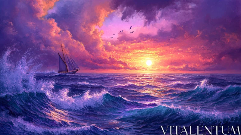 AI ART Ocean Sunset with Sailboat