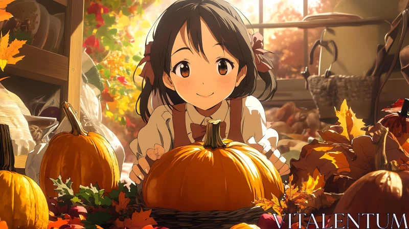 Autumn Anime Illustration with Pumpkins and Leaves AI Image