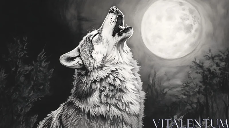 Monochrome Wolf Moon Howl Artwork AI Image