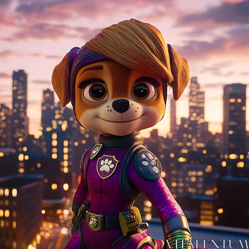 Charming Animated Dog Hero with Sunset City Backdrop AI Image