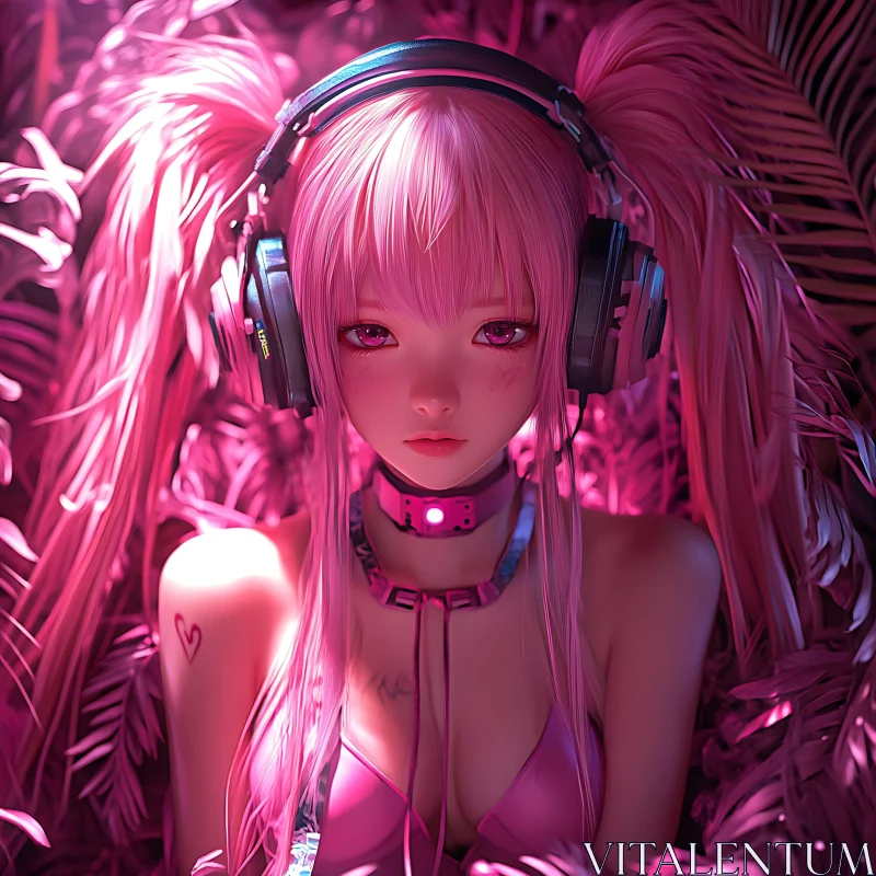 Pink-haired Anime Girl with Headphones AI Image