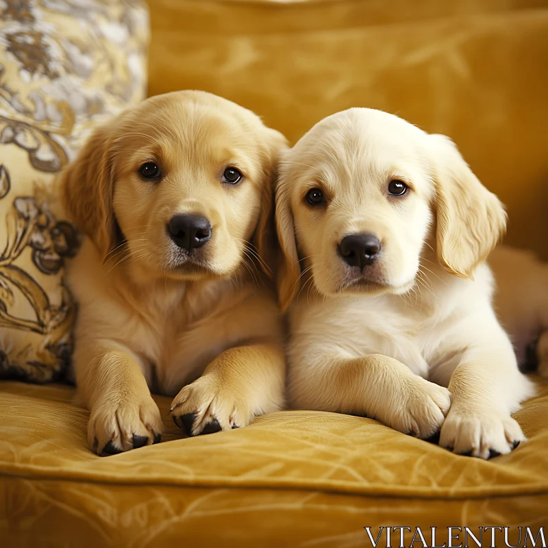 Cute Golden Retriever Puppies on a Yellow Couch AI Image