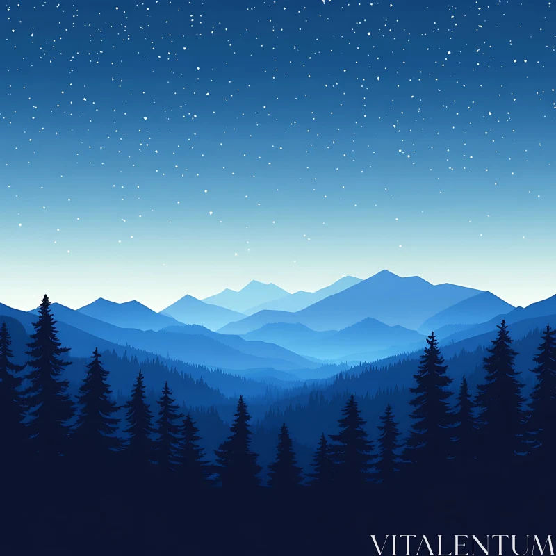 Tranquil Blue Mountain Landscape at Night AI Image