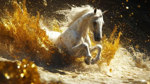 White Horse in Motion Through Shimmering Water