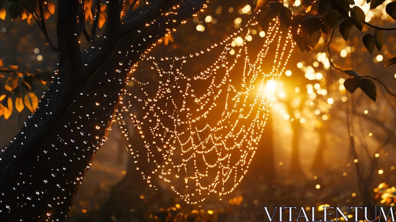 AI ART Spiderweb with Dewdrops in Morning Light