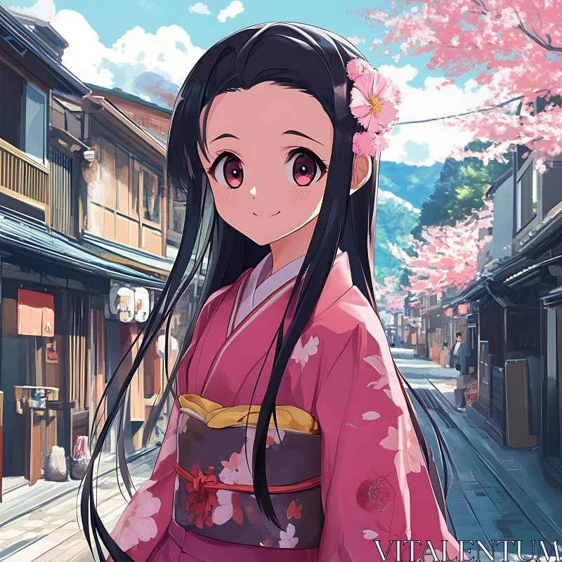 Anime Character in Traditional Pink Kimono AI Image