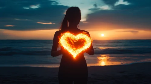 Person Holding Fire Heart at Sunset