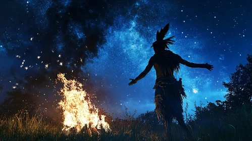 Night Ritual of Shaman by the Fire