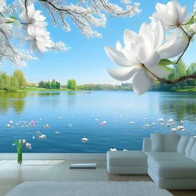 Tranquil Lake and Blossoms in Interior Setting